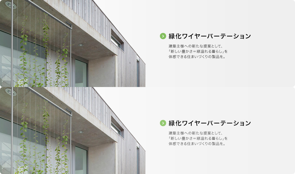 緑化ワイヤーパーテーション 建築主様への新たな提案として、「新しい豊かさ＝緑溢れる暮らし」を体感できる住まいづくりの製品を。