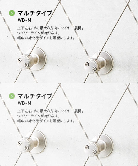 マルチタイプ WB-M 上下左右・斜、最大8方向にワイヤー展開。ワイヤーラインが織りなす、幅広い緑化デザインを可能にします。